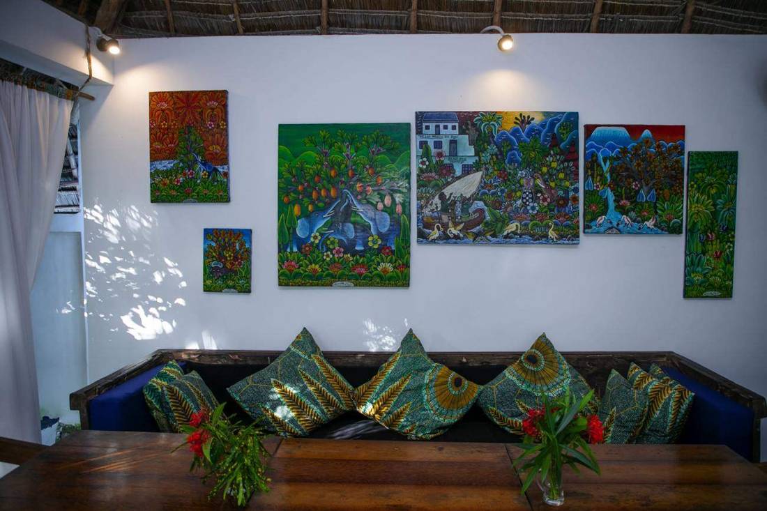 Lounge with locally crafted seating and art
